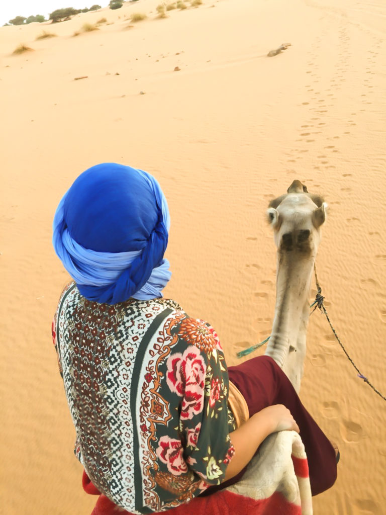 An over-shoulder view of a woman riding a camel