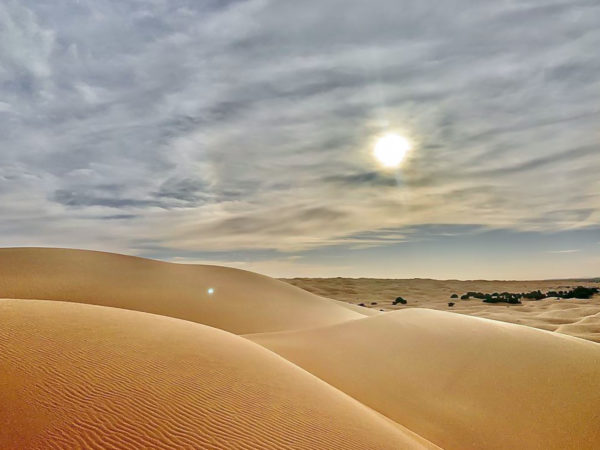 Large dunes tower over the desert floor