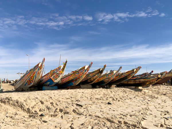 A long line of hand-painted boats in Mauritania