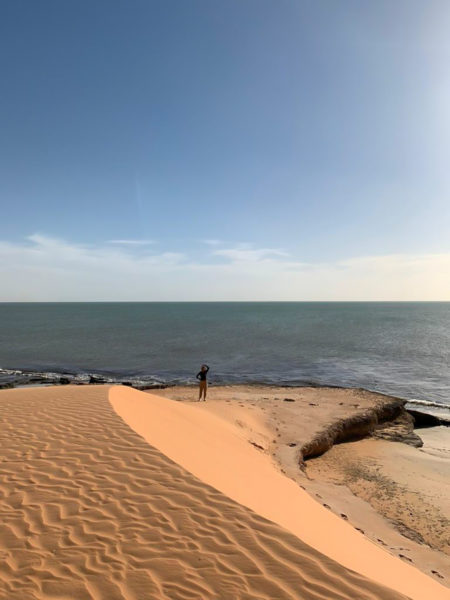 A lone traveler stands along the beach of Banc d'Arguin, Mauritania